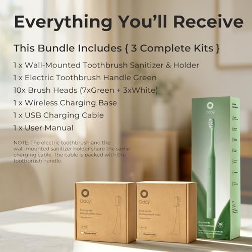 ODAY Electric Toothbrush with Wall Mounted Toothbrush Holder+ 10 Replacement Brush Heads Bundle – Complete Oral Care Kit with 3 Brushing Modes, Smart Timer, IPX7 Waterproof, 1 Month+ Battery