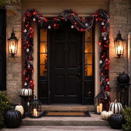 9FT Black Garland with Lights and Ornaments Prelit Halloween Decoration
