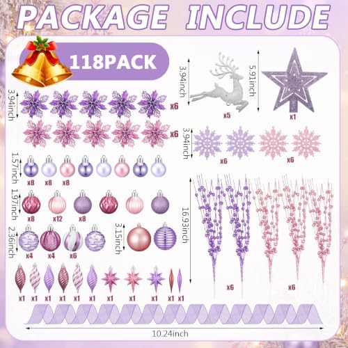 CroBlissful 118 Pcs Pink Purple Christmas Tree Decoration Set Including Ornaments Ball, Mesh Ribbon, Snowflakes Icicle, Top Star, Deer, Flower, Berries Stem Pastel Christmas Decoration for Xmas Trees