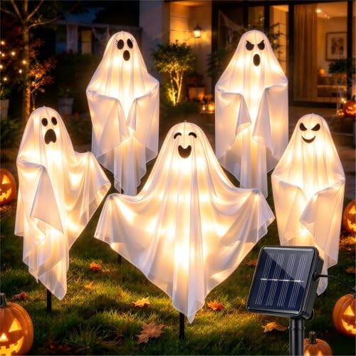 23in - 5 Pack Halloween Decorations Outdoor - Solar Ghost Light for Yard Decor