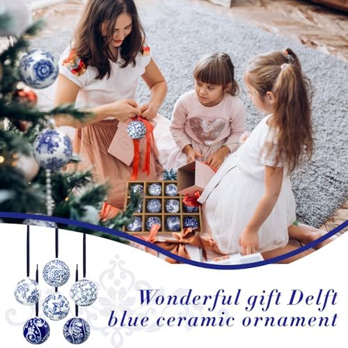 Cindeer 12 Pcs Blue and White Christmas Porcelain Balls, Elegant Style