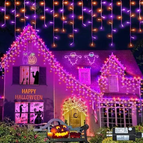 66ft Christmas Lights Outdoor, 640 LED Icicle Lights for Outside, Orange and Purple Twinkle Lights with Connectable Clear Wire 8 Modes Timer Waterproof for House Party Tree Holiday Yard Decorations