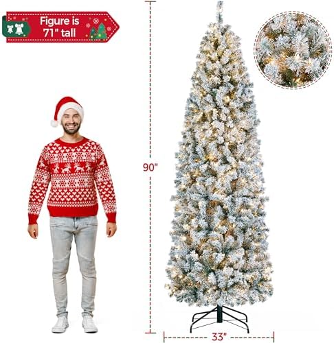 Yaheetech 9ft Pre-lit Snow Flocked Pencil Christmas Tree, Green & White