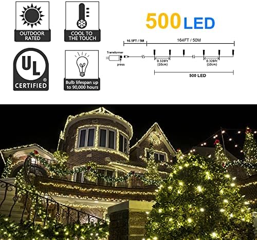 weillsnow 164Ft 500 LED Christmas Lights, Waterproof 8 Twinkle with Memory Functions Christmas Tree Lights for Indoor Outdoor Christmas Tree Garden Decoration (Warm White)