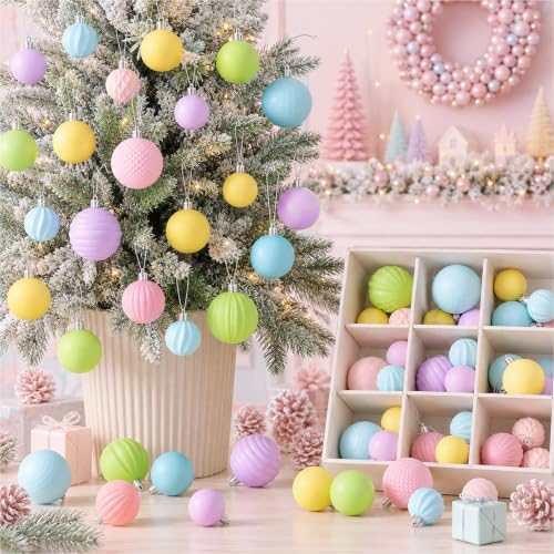 Lunmon 64 Pcs Pastel Christmas Ball Ornaments Macaron Candy Land Xmas Bulbs