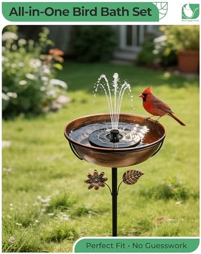Metal Bird Bath with Solar Fountain, LED Lights & Battery Backup