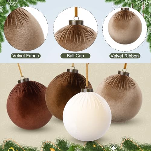 Liliful 12 Pcs Extra Large Velvet Christmas Balls Velvet Ornaments for Christmas Tree Flocked Shatterproof Xmas Tree Balls Bulk for Holiday Party Xmas Trees Hanging Decorations(4 Inch,Brown)