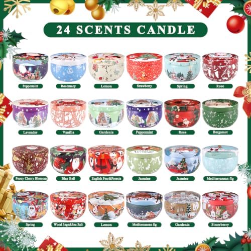 24 Days of Christmas Countdown Tin Candles, Festive Scented Soy Wax Gift Set, Holiday Aromatherapy Candles for Women, Christmas Decor