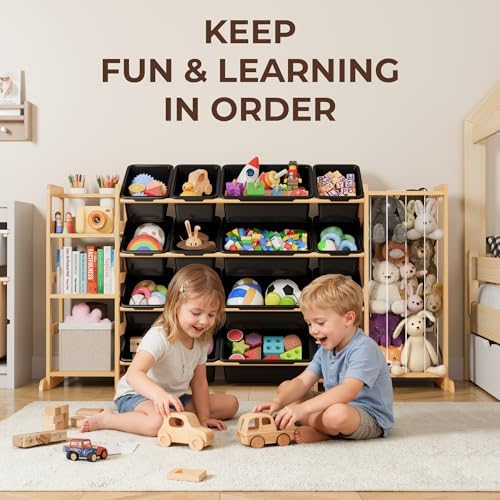 Toy Storage Organizer with Bookshelf and Stuffed Animal Storage - Kids Playroom Organization with 3 Shelves and 16 Toy Bins - Toddler Living Room Toy Box for Lego - Nursery Bedroom Decor Essential
