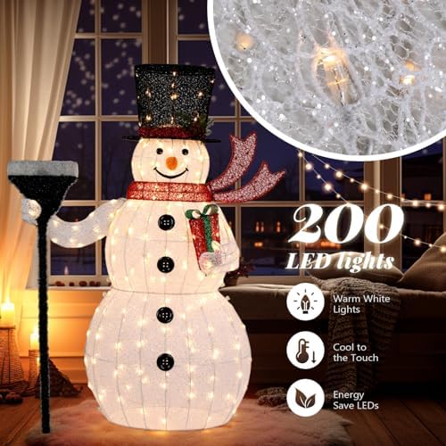 VINGLI 5FT Outdoor Snowman Christmas Decorations, Lighted Outdoor Snowman w/200 LED Lights, Tall Hat, Red Scarf, Ground Stakes, Zip Ties for Indoor, Yard, Outside Xmas Decor