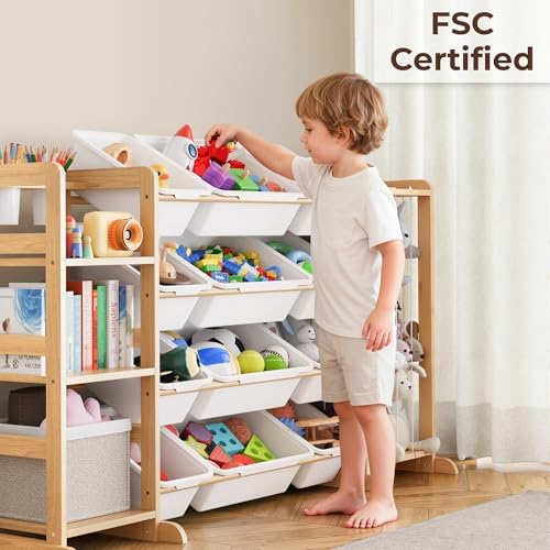 Toy Storage Organizer with Bookshelf and Stuffed Animal Storage - Playroom Organization with 3 Shelves and 16 Bins - Living Room Box for Lego - Bedroom Decor Essential