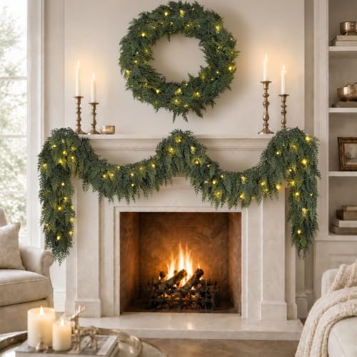 9FT Cedar Christmas Garland with Lights Realistic Prelit Pine Garland Decor