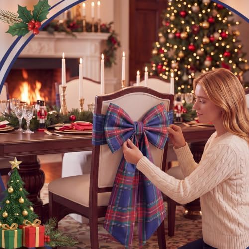 Thiccywoov 4 Pcs Christmas Chair Bows Decorations 25 x 14 in, Blue Tartan