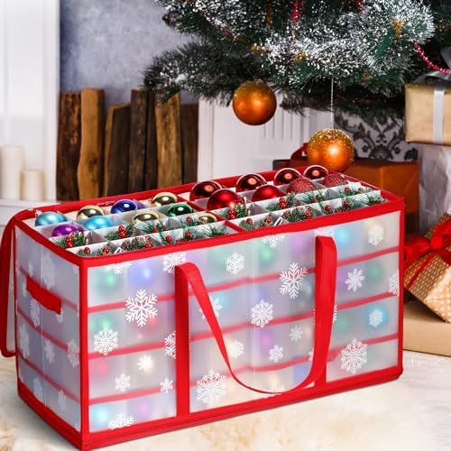 Hosuly 2 Pcs Plastic Christmas Ornaments Storage Box with Dividers, Zippers, 8 Trays,128 Slots, Christmas Storage Containers Xmas Ornaments Organizer for Holiday Balls Ornaments(Snowflake)