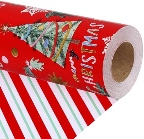 LaRibbons Red Christmas Wrapping Paper, Classic Tree & Candy Cane Striped
