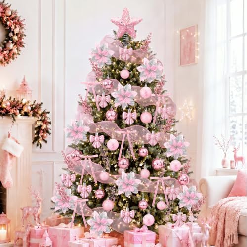 78 Pcs Christmas Tree Decorations Star Topper Ornaments Artificial Poinsettia Flowers Pink Balls Velvet Bow Berry Picks Christmas Tree Hanging Ornaments for Xmas Home Office Decorations