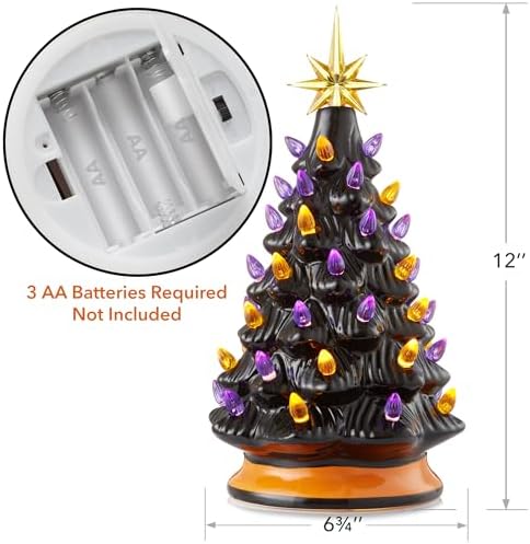 Casafield Hand-Painted Ceramic Halloween Tree, Black 12-Inch Pre-Lit Decoration with 100 Multi-Color Lights, Jack-O-Lantern and Star Toppers