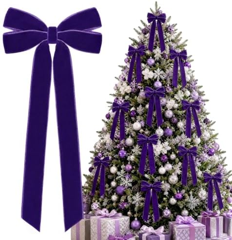 12Pcs Purple Velvet Ribbon Bows Christmas Tree Decorations,5in x 10in Xmas Ornaments for Tree Home Party Front Door Wreath Garland Holiday Decor