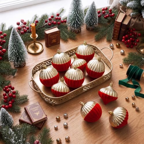 12PCS Red and Gold Velvet Christmas Balls Ornaments,Two Style
