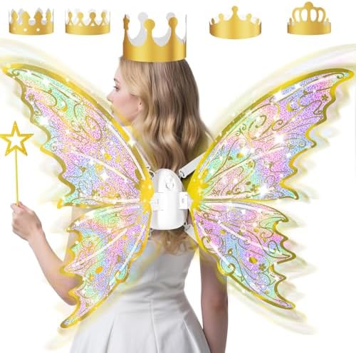 maysida Gold Fairy Wings for Kids and Girls, Light-up Electric Sparkling Wings Princess Halloween Set with Wand, Crown, Butterfly Wings – Ideal for Cosplay, Party, Birthday, Christmas