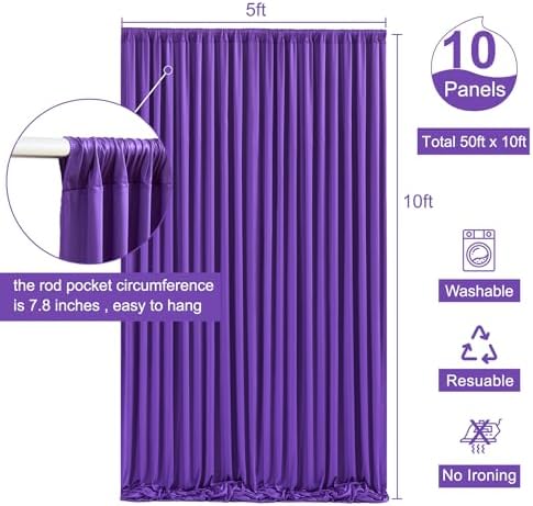 10 Panels Purple Backdrop Curtain for Parties Wedding Wrinkle Free Purple Photo Curtains Backdrop Drapes Fabric Decoration for Birthday Party Photography 50ft(W) x 10ft(H)