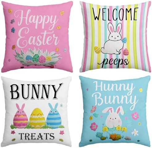 Easter Pillow Covers 18 x 18 Inch,Easter Decorations for Home,Set of 4 Happy Easter Hunny Bunny Pink Blue Decorative Throw Pillow Covers Spring Farmhouse Decor