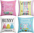 Easter Pillow Covers 18 x 18 Inch,Easter Decorations for Home,Set of 4 Happy Easter Hunny Bunny Pink Blue Decorative Throw Pillow Covers Spring Farmhouse Decor