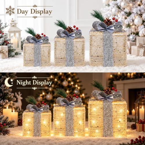 Set of 3 Lighted Gift Boxes, Warm White Indoor Christmas Decor