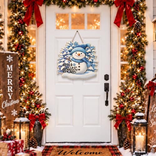 Christmas Snowman Decorations Hello Winter Hanging Wooden Door Sign