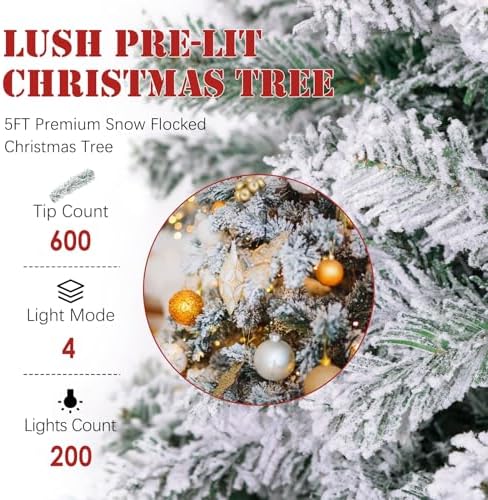 5FT Pre-Lit Snow Flocked Small Christmas Tree 600 Branch 200 Warm Lights