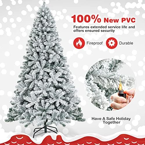 COSTWAY 7.5 FT Flocked Christmas Tree, Unlit Hinged Xmas Tree with 1010 Snowy Branch Tips & Metal Stand, Artificial Christmas Tree for Home Office Party Decoration, Green & White