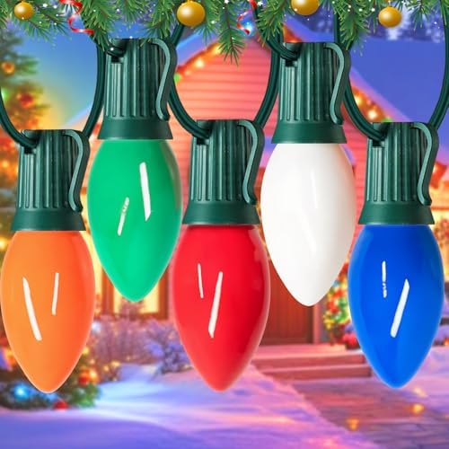 25Ft C9 LED Christmas String Lights Outdoor, Multicolor Christmas Decorations Lights with 25+1 Colored C9 LED Bulbs, Vintage Decor Light for Xmas Tree Home Yard Party Decor, E17 Base, Green Wire