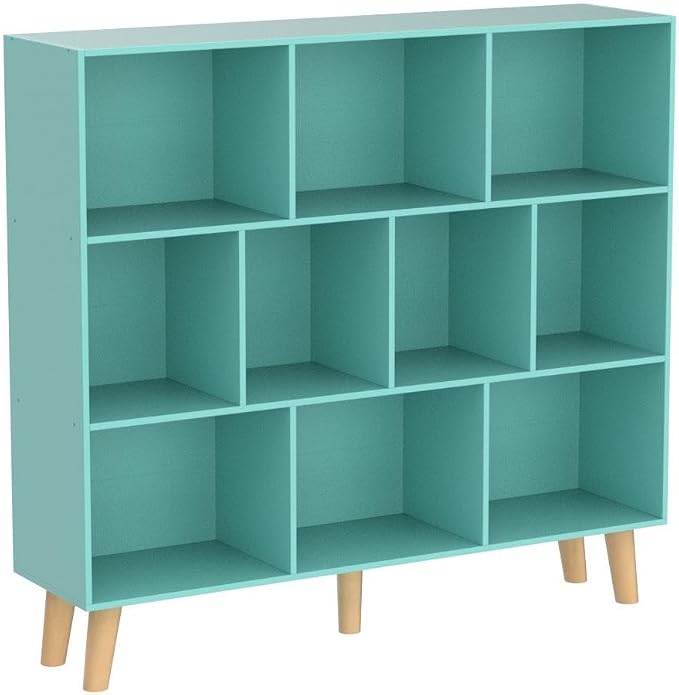LEYAOYAO 10 Cube Bookshelf, Mid-Century Modern Book Shelf with Legs, Green | 3 Tier Bookcase, Rustic Wood Bookshelves Freestanding Large Storage Organizer, Open Shelves for Bedroom, Living Room, Office