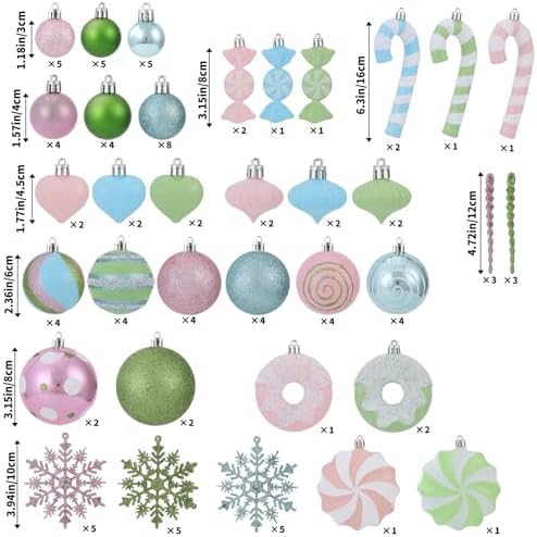 105Ct Pastel Christmas Ornaments Set Shatterproof Candy Theme Hanging Decorations for Xmas Tree, Donut Cane Assorted Ornaments for Holiday Festival Family Decor (Pastel)