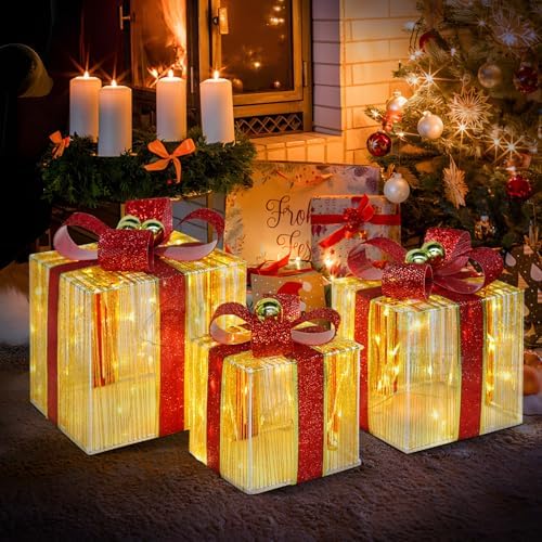 DomKom Set of 3 Christmas Lighted Gift Boxes, 140 LED Lights Nesting Present Boxes, Metal Frame Gift Box with Golden Ball Ornament, for Xmas Tree Indoor Outdoor Holiday Decorations