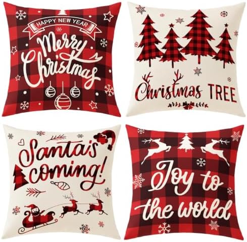 Plaid Christmas Pillow Covers 20x20 Buffalo Check Set of 4 Red Black Christmas Decorations Farmhouse Throw Pillow Covers Winter Holiday Linen Cushion Case for Home Sofa Couch Bed Chair