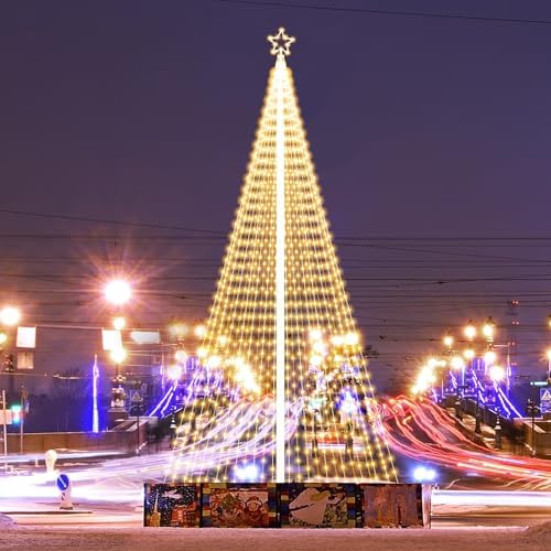 Riakrum 25ft-4072 LED Flagpole Christmas Tree Lights Outdoor Decorations with Star Topper, 8 Lighting Modes Pre-lit LED Flagpole Christmas Lights Multicolor, Outside Yard Holiday Display