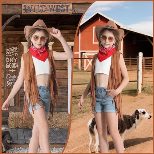 Cowgirl Outfits for Girls Kids 6 Pcs Western Costume Accessories Cowboy Hat Fringe Vest Earring for Halloween Party