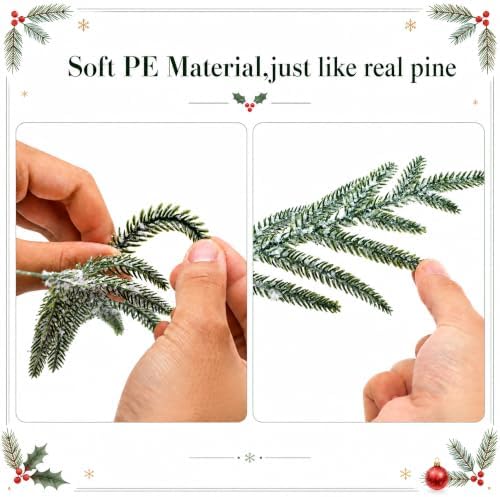 Watayo 35 Pcs Christmas Snow Norfolk Pine Branches with Red Berry Stems