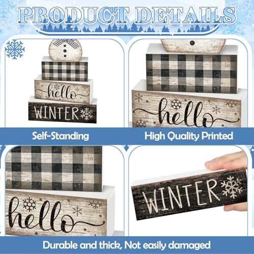 Moucuny 4 Pcs Winter Snowman Tiered Tray Decor Wooden Block Signs