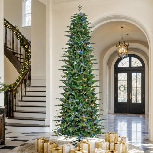 Glitzhome 11ft Prelit Artificial Christmas Tree, Pencil Christmas Tree Radiant Slim Evergreen with 4,205 Tips, 2,700 Warm White & Multi-Color Chasing and Twinkling Lights, 9 Light Modes, Easy Assembly