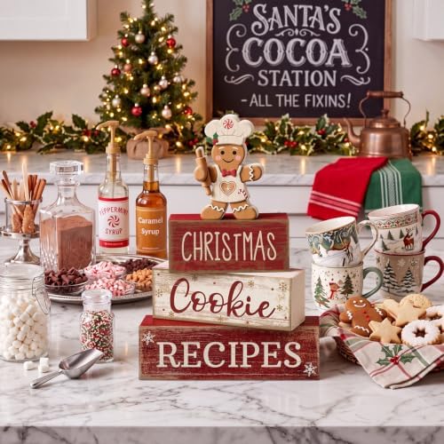 Moucuny 4 Pcs Christmas Table Decorations, Gingerbread Cookie Recipes Sign