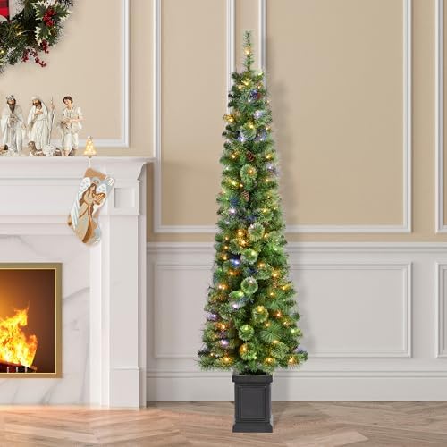 Glitzhome 6ft Prelit Artificial Christmas Tree, Green Cashmere Pine Christmas Porch Tree with pinecones,272 Pine&PVC Branch Tips,130 Warm White/Multi-Color Lights,9 Function w/Remote Control