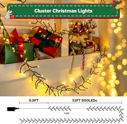 Christmas Lights Plug-in 52FT 800LEDs Cluster String Lights Indoor Outdoor