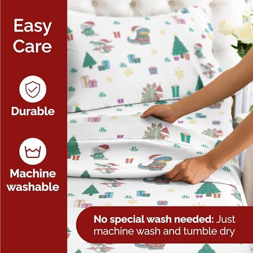 Christmas Sheet Set, Christmas Dinos, Holiday Xmas Bedding Set - King Size