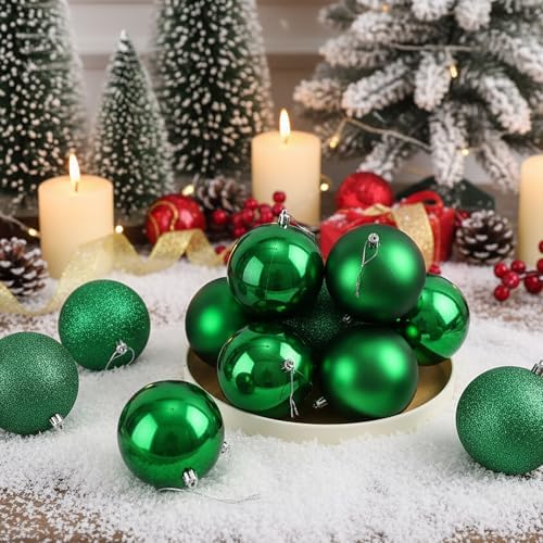 Jenaai 12 Pcs Large Green Christmas Ball Ornaments, 4 Inch Big Oversized Shatterproof Christmas Tree Decorations Matte Glitter Giant Jumbo Plastic Hanging Baubles for Xmas Holiday Party Indoor Outdoor