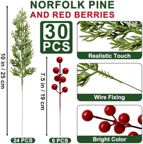 30Pcs Christmas Artificial Pine Branches with Red Berry Stems