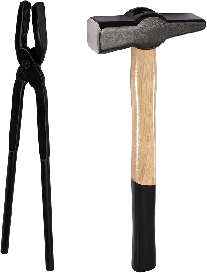 Upgraded Blacksmith Wolf Jaw Tong & Professional Blacksmiths’ Hammer Set, Replace Cross-Peen Swedish Pattern Hammer (16 inch set)