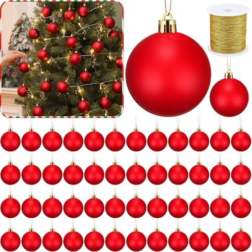 Wettarn 50 Pcs 2.36 Inch Christmas Ball Ornaments with Lid Rope, Red