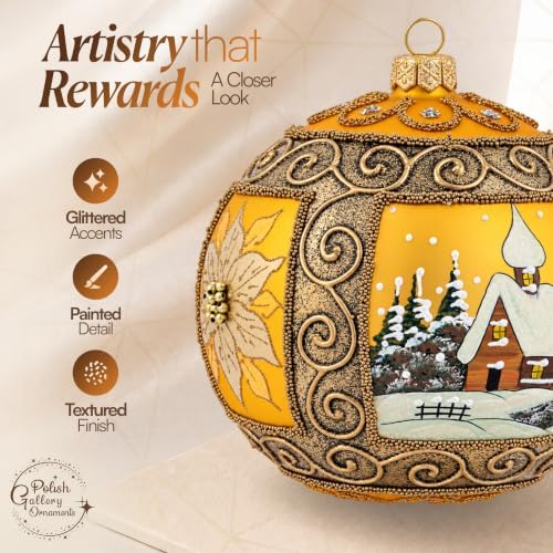 Polish Hand Blown Glass Christmas Ornaments Ball, Winter Charm Gold 5 in